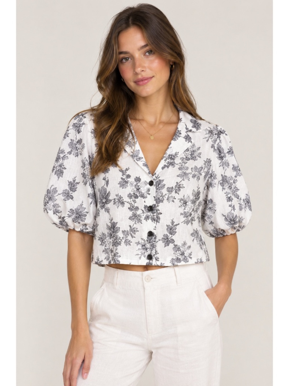 In Loom | Moody Floral Cropped Puff Sleeve Button Up Soft Shirt Crop Top Blouse